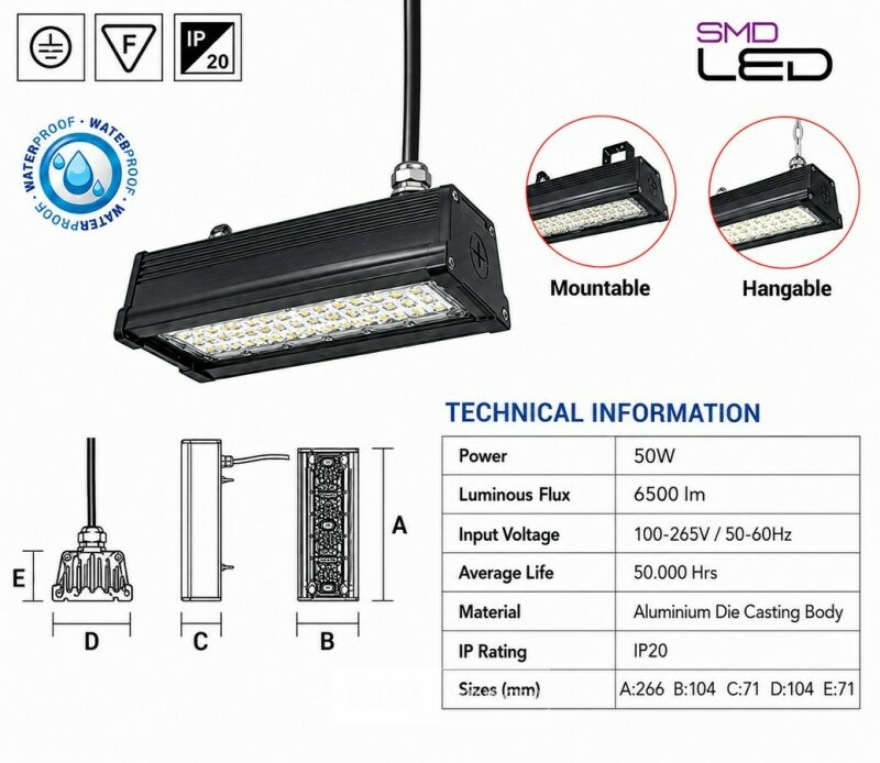 6 x LED Industriële Hanglamp 50W – 6400K Koud Wit - Zwart – IP20 – PYRAMID-50 – foto 5 – kavel bij Belga Veilingen