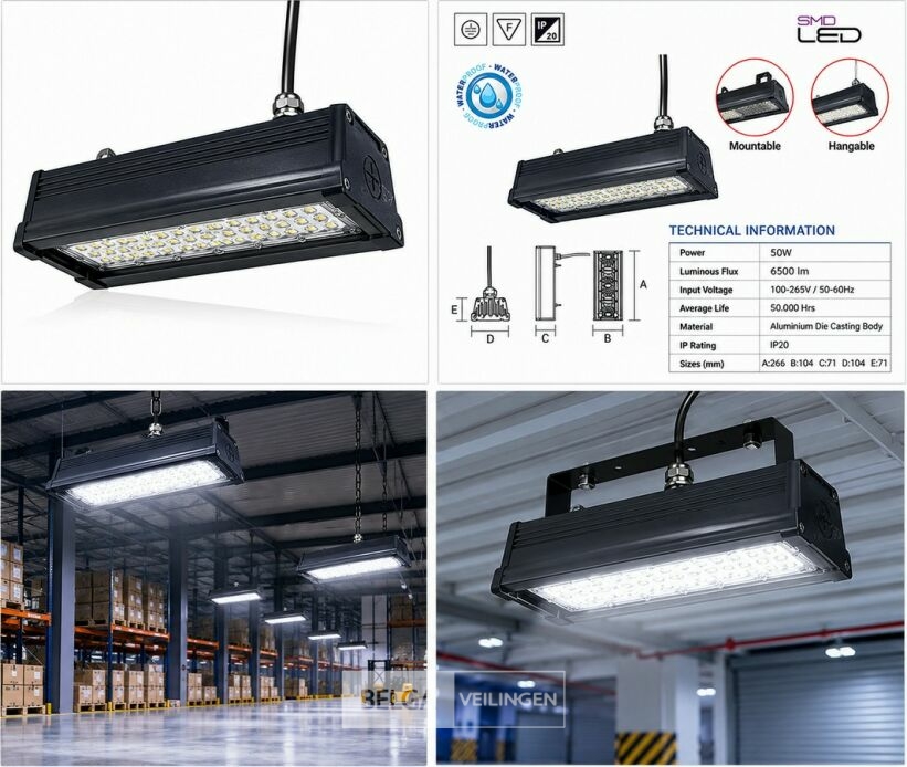6 x LED Industriële Hanglamp 50W – 6400K Koud Wit - Zwart – IP20 – PYRAMID-50 – foto 6 – kavel bij Belga Veilingen