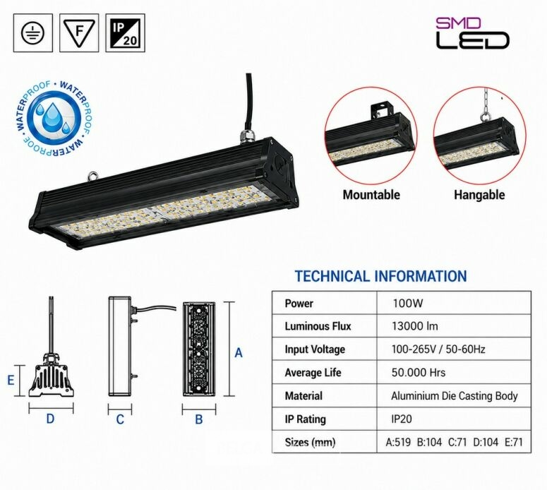 6 x LED Industriële Hanglamp 100W – 6400K Koud Wit - Zwart – IP20 – PYRAMID-100 – foto 5 – kavel bij Belga Veilingen