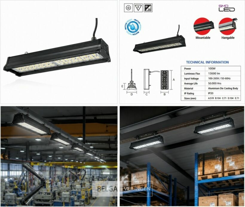 6 x LED Industriële Hanglamp 100W – 6400K Koud Wit - Zwart – IP20 – PYRAMID-100 – foto 6 – kavel bij Belga Veilingen