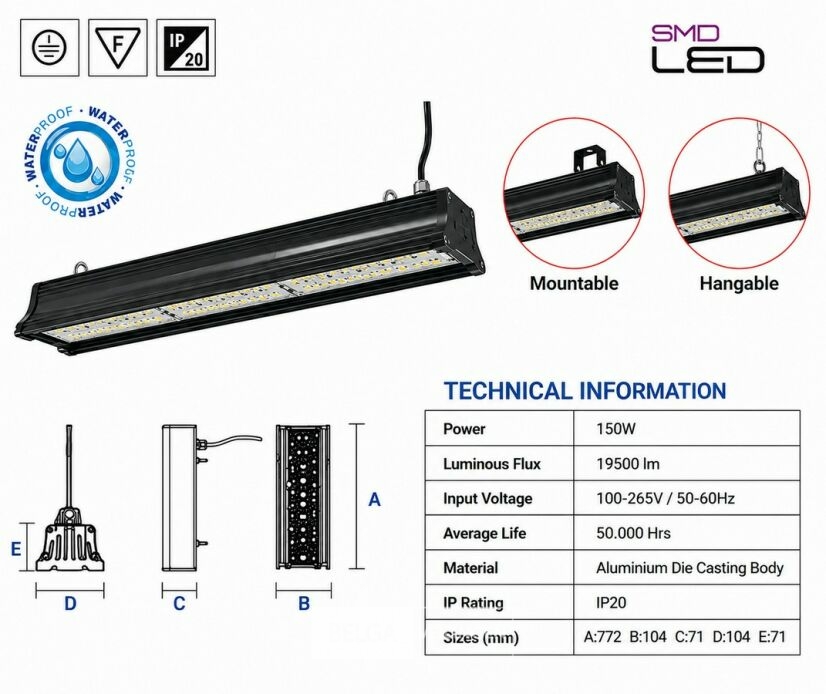 6 x LED Industriële Hanglamp 150W – 6400K Koud Wit - Zwart – IP20 – PYRAMID-150 – foto 6 – kavel bij Belga Veilingen