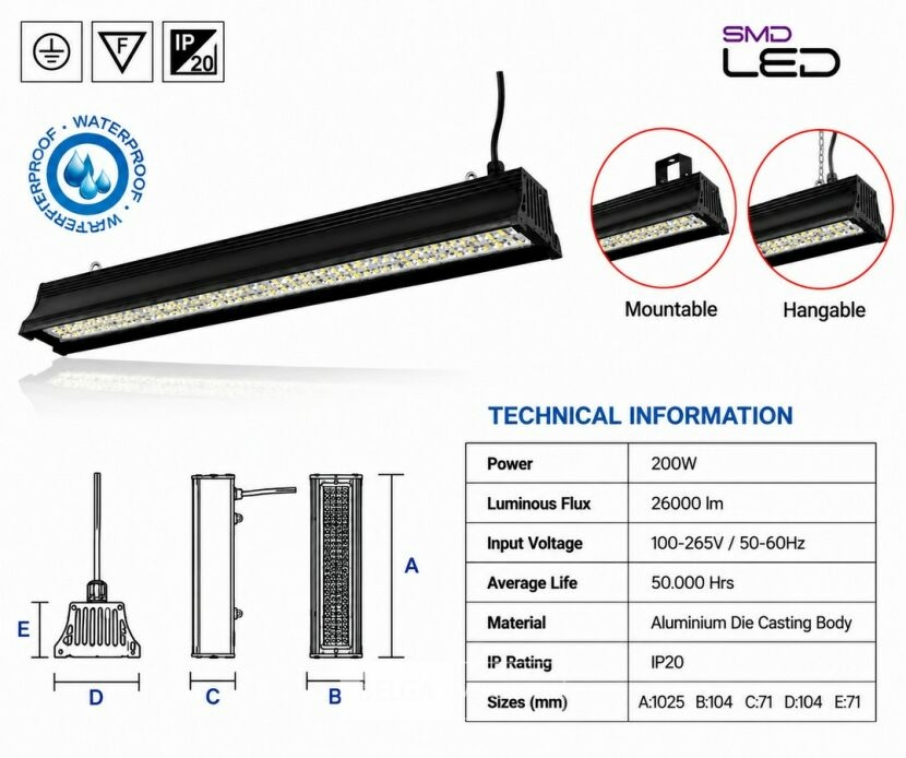 6 x LED Industriële Hanglamp 200W – 6400K Koud Wit - Zwart – IP20 – PYRAMID-200 – foto 5 – kavel bij Belga Veilingen