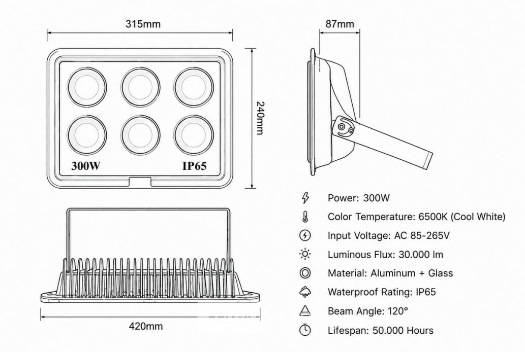 4 x LED Schijnwerper 300W – 6500K Koud Wit – IP65 – EYES-300 – foto 5 – kavel bij Belga Veilingen