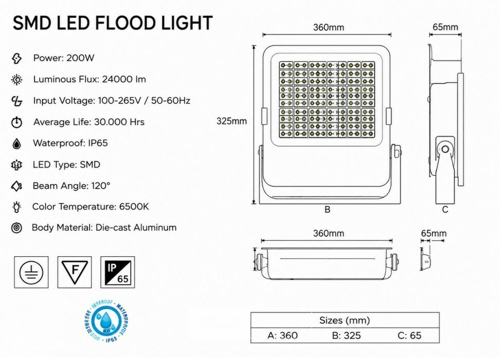 4 x LED Floodlight 200W – 6400K Koud Wit - Zwart – IP65 – BORNEO-200 – foto 5 – kavel bij Belga Veilingen