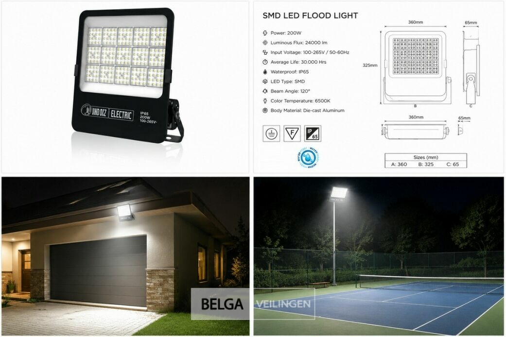 4 x LED Floodlight 200W – 6400K Koud Wit - Zwart – IP65 – BORNEO-200 – foto 6 – kavel bij Belga Veilingen