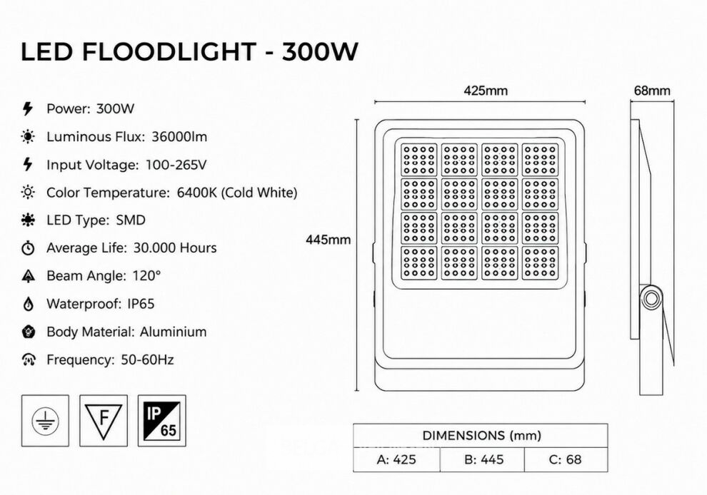 4 x LED Floodlight 300W – 6400K Koud Wit - Zwart – IP65 – BORNEO-300 – foto 5 – kavel bij Belga Veilingen