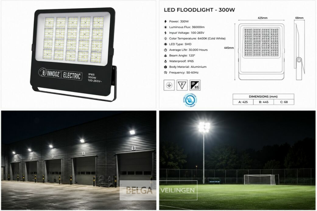 4 x LED Floodlight 300W – 6400K Koud Wit - Zwart – IP65 – BORNEO-300 – foto 6 – kavel bij Belga Veilingen