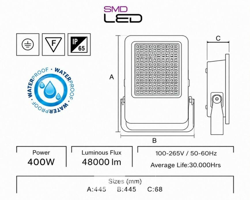 2 x LED Floodlight 400W – 6400K Koud Wit - Zwart – IP65 – BORNEO-400 – foto 6 – kavel bij Belga Veilingen