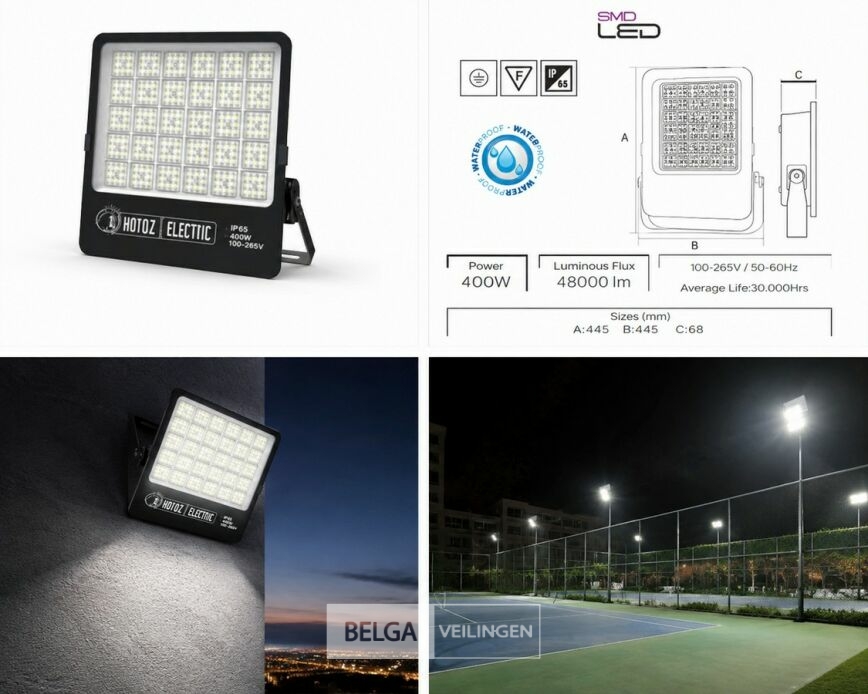 2 x LED Floodlight 400W – 6400K Koud Wit - Zwart – IP65 – BORNEO-400 – foto 7 – kavel bij Belga Veilingen