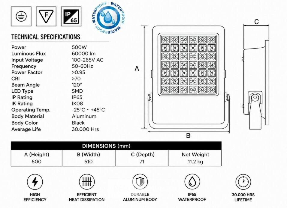 2 x LED Floodlight 500W – 6400K Koud Wit - Zwart – IP65 – BORNEO-500 – foto 5 – kavel bij Belga Veilingen