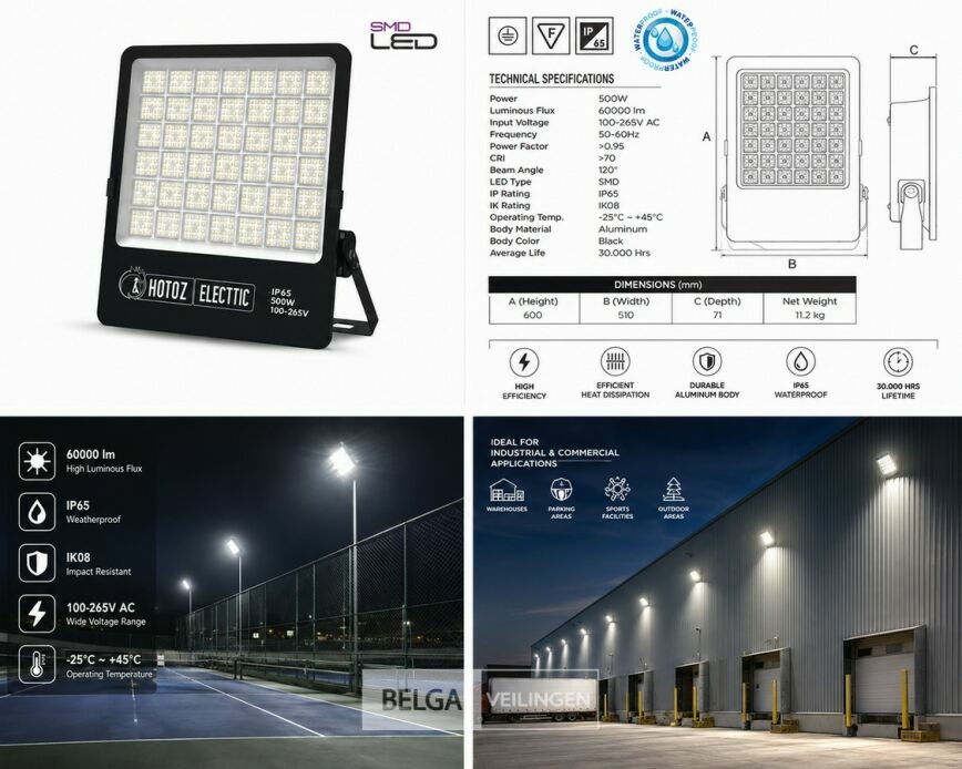 2 x LED Floodlight 500W – 6400K Koud Wit - Zwart – IP65 – BORNEO-500 – foto 6 – kavel bij Belga Veilingen