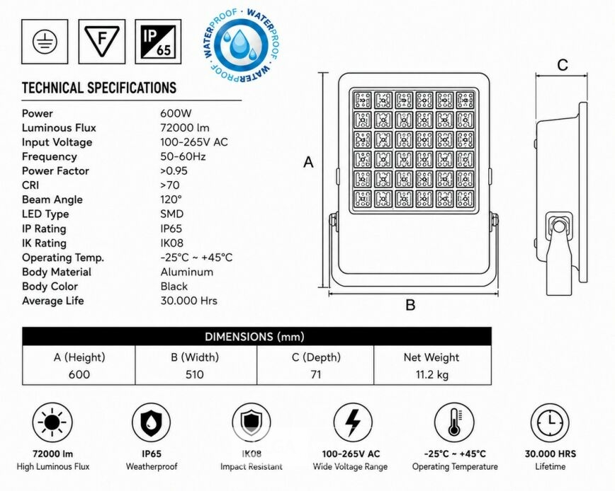 2 x LED Floodlight 600W – 6400K Koud Wit - Zwart – IP65 – BORNEO-600 – foto 5 – kavel bij Belga Veilingen