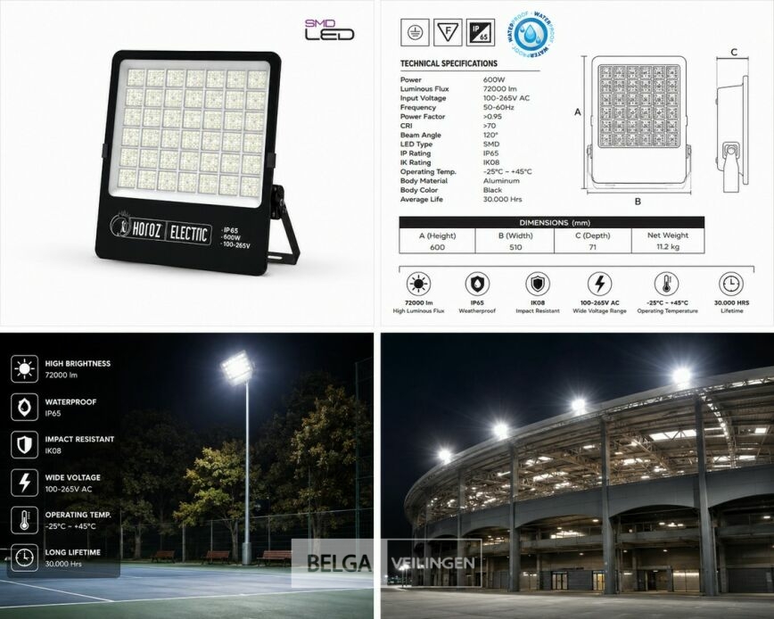 2 x LED Floodlight 600W – 6400K Koud Wit - Zwart – IP65 – BORNEO-600 – foto 6 – kavel bij Belga Veilingen