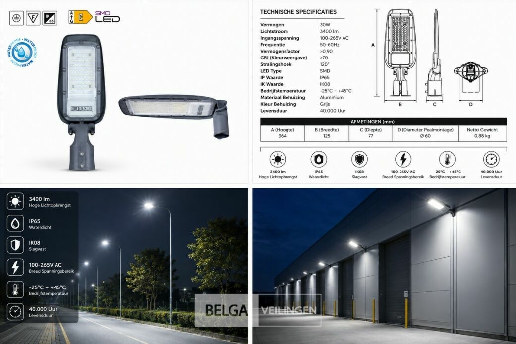 10 x LED Straatlamp 30W – 6400K Koud Wit - Grijs – IP65 – FLORIDA-30 – foto 6 – kavel bij Belga Veilingen