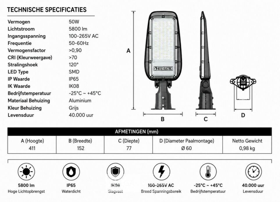 10 x LED Straatlamp 50W – 6400K Koud Wit - Grijs – IP65 – FLORIDA-50 – foto 5 – kavel bij Belga Veilingen