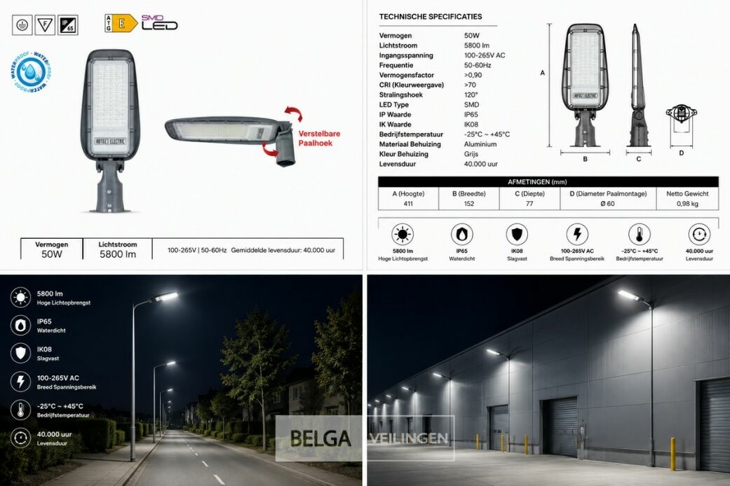 10 x LED Straatlamp 50W – 6400K Koud Wit - Grijs – IP65 – FLORIDA-50 – foto 6 – kavel bij Belga Veilingen