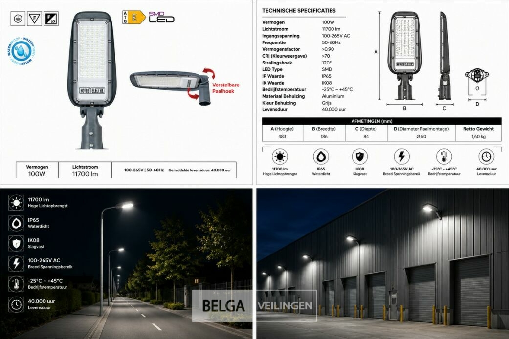 5 x LED Straatlamp 100W – 6400K Koud Wit - Grijs – IP65 – FLORIDA-100 – foto 6 – kavel bij Belga Veilingen