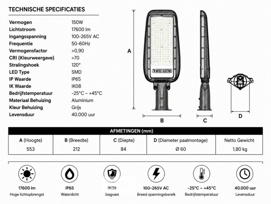 5 x LED Straatlamp 150W – 6400K Koud Wit - Grijs – IP65 – FLORIDA-150 – foto 6 – kavel bij Belga Veilingen