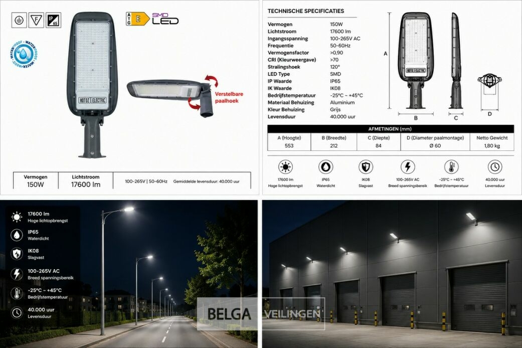 5 x LED Straatlamp 150W – 6400K Koud Wit - Grijs – IP65 – FLORIDA-150 – foto 7 – kavel bij Belga Veilingen