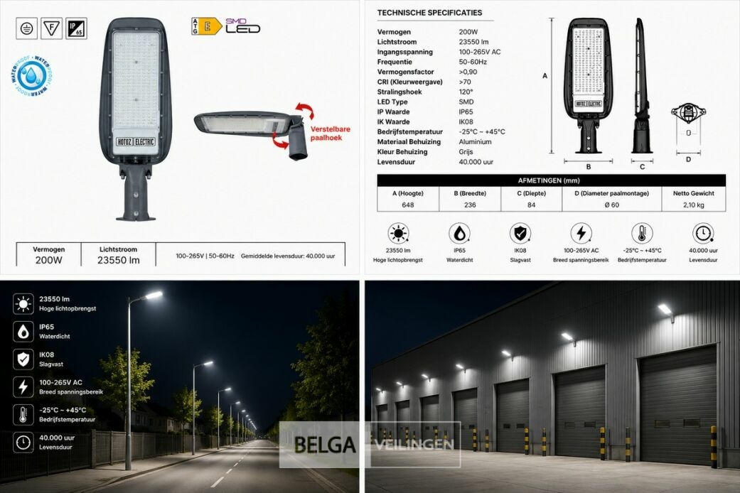 5 x LED Straatlamp 200W – 6400K Koud Wit - Grijs – IP65 – FLORIDA-200 – foto 6 – kavel bij Belga Veilingen