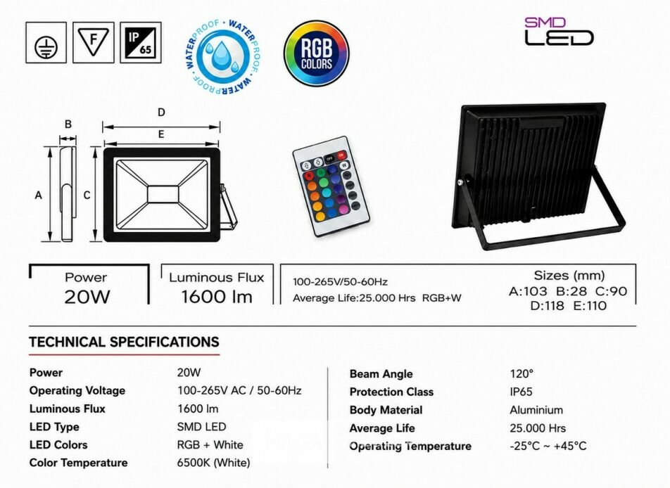 4 x RGB LED Floodlight 20W - Zwart – IP65 – REMIX-20 – foto 5 – kavel bij Belga Veilingen