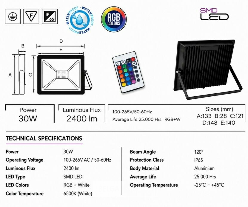 4 x RGB LED Floodlight 30W - Zwart – IP65 – REMIX-30 – foto 5 – kavel bij Belga Veilingen