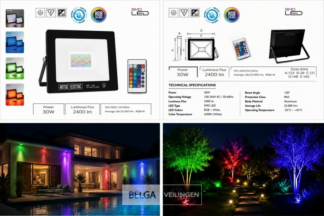 4 x RGB LED Floodlight 30W - Zwart – IP65 – REMIX-30 – foto 6 – kavel bij Belga Veilingen