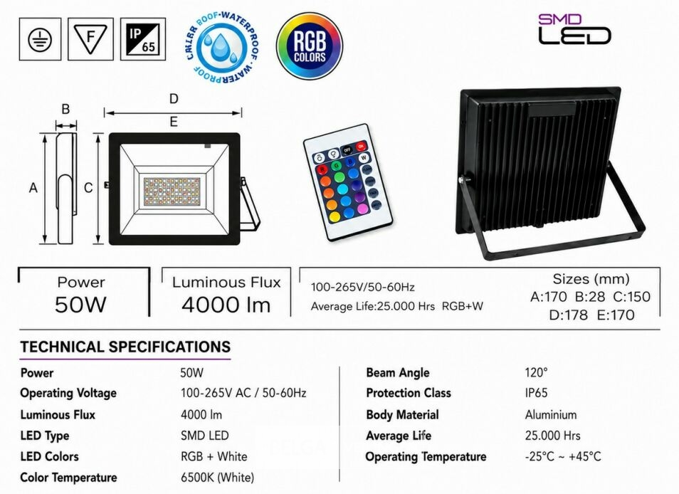 4 x RGB LED Floodlight 50W - Zwart – IP65 – REMIX-50 – foto 6 – kavel bij Belga Veilingen