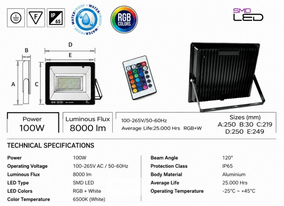 4 x RGB LED Floodlight 100W - Zwart – IP65 – REMIX-100 – foto 5 – kavel bij Belga Veilingen