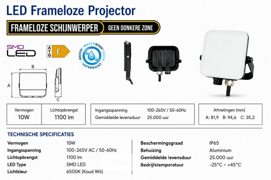 10 x LED Frameless Floodlight 10W – 6400K Koud Wit – IP66 – PEGASUS-10 – foto 5 – kavel bij Belga Veilingen