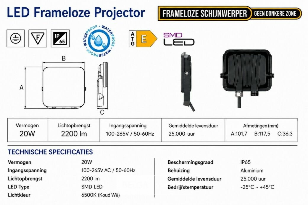 10 x LED Frameless Floodlight 20W – 6400K Koud Wit – IP66 – PEGASUS-20 – foto 5 – kavel bij Belga Veilingen