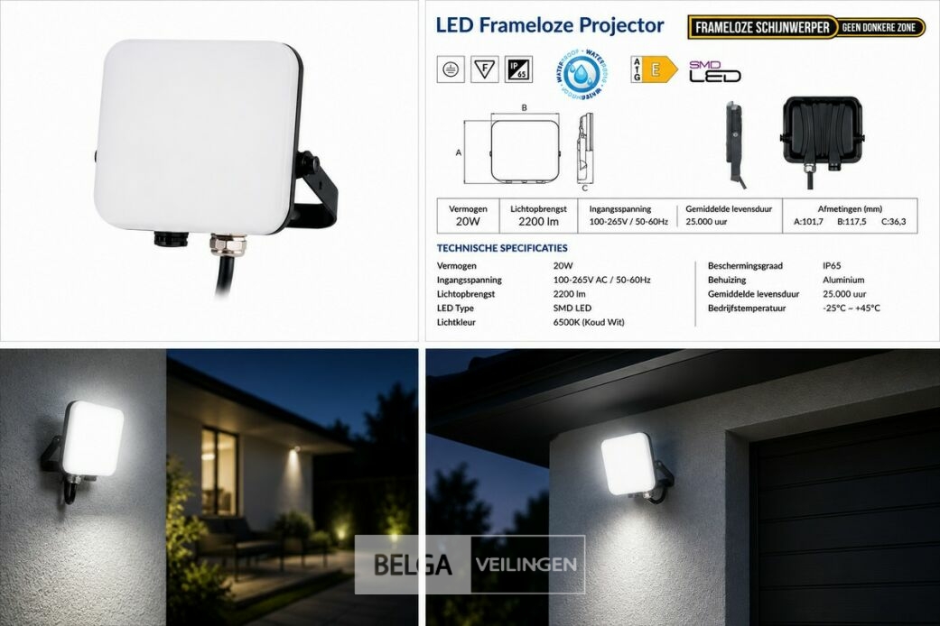 10 x LED Frameless Floodlight 20W – 6400K Koud Wit – IP66 – PEGASUS-20 – foto 6 – kavel bij Belga Veilingen
