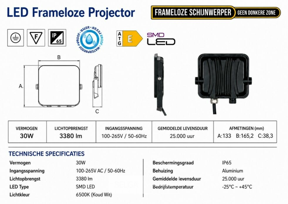 10 x LED Frameless Floodlight 30W – 6400K Koud Wit – IP66 – PEGASUS-30 – foto 6 – kavel bij Belga Veilingen