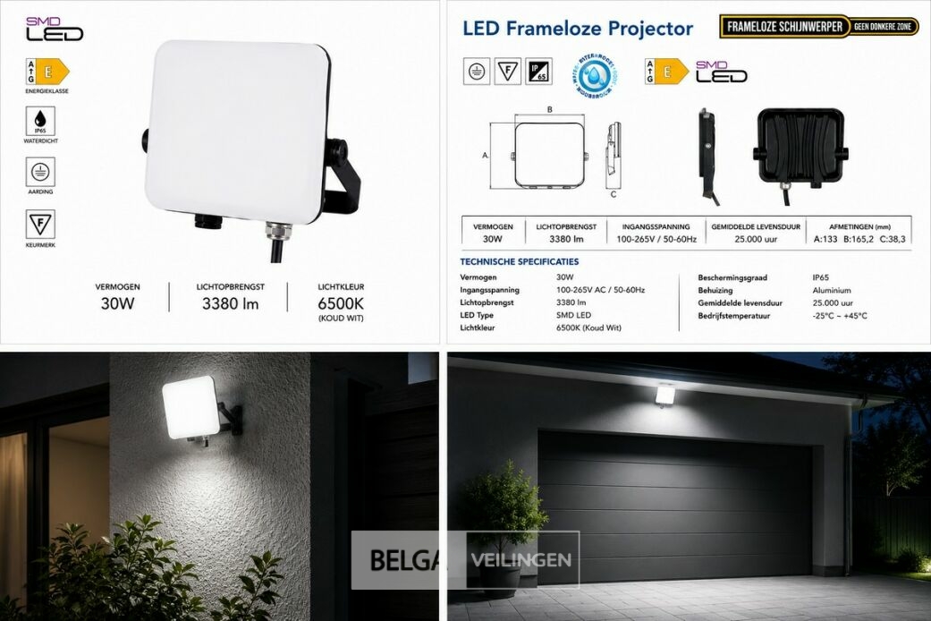 10 x LED Frameless Floodlight 30W – 6400K Koud Wit – IP66 – PEGASUS-30 – foto 7 – kavel bij Belga Veilingen