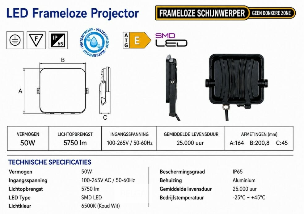 10 x LED Frameless Floodlight 50W – 6400K Koud Wit – IP66 – PEGASUS-50 – foto 5 – kavel bij Belga Veilingen
