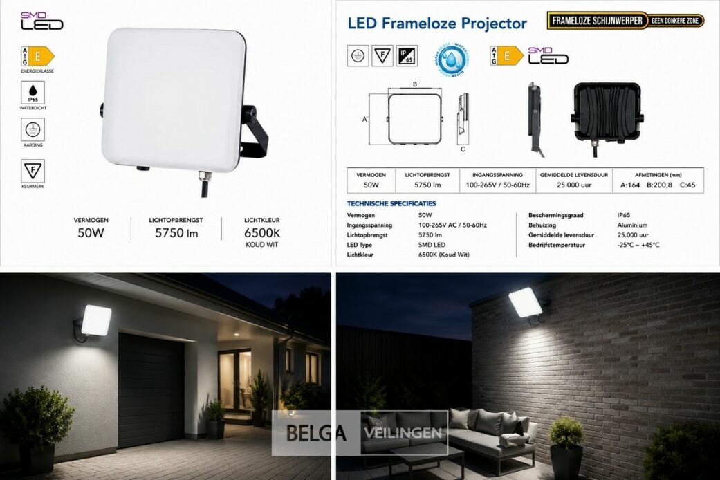 10 x LED Frameless Floodlight 50W – 6400K Koud Wit – IP66 – PEGASUS-50 – foto 6 – kavel bij Belga Veilingen