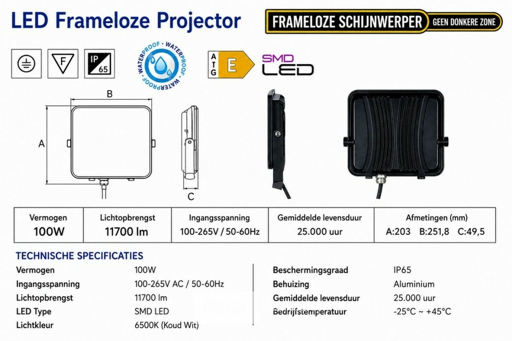 10 x LED Frameless Floodlight 100W – 6400K Koud Wit – IP66 – PEGASUS-100 – foto 5 – kavel bij Belga Veilingen