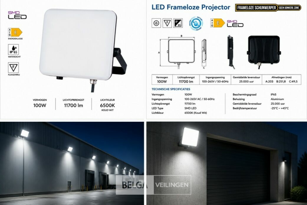 10 x LED Frameless Floodlight 100W – 6400K Koud Wit – IP66 – PEGASUS-100 – foto 6 – kavel bij Belga Veilingen