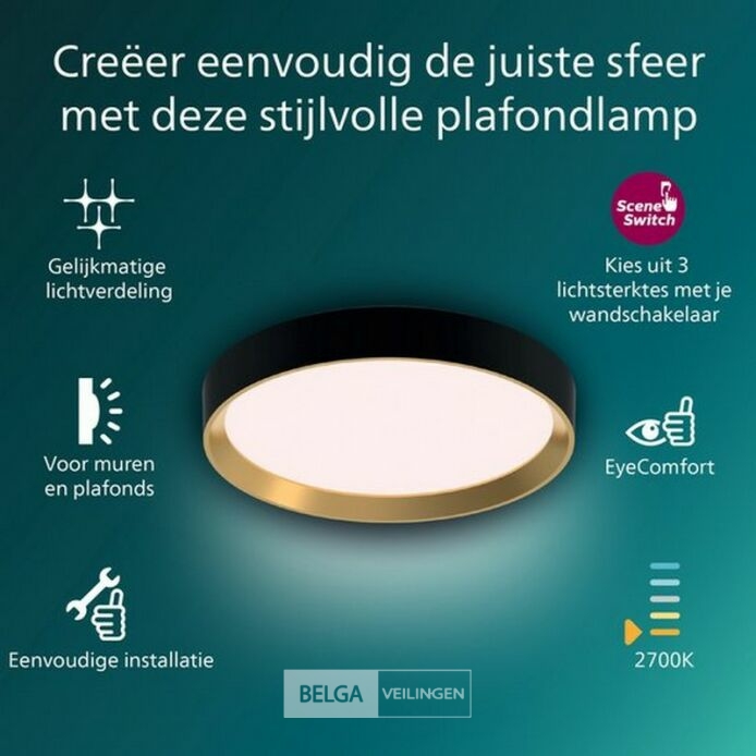 Philips Hanno plafondlamp - SceneSwitch lichttechnologie - 24W - Warmwit licht - Zwart met goud design – foto 3 – kavel bij Belga Veilingen, Bree