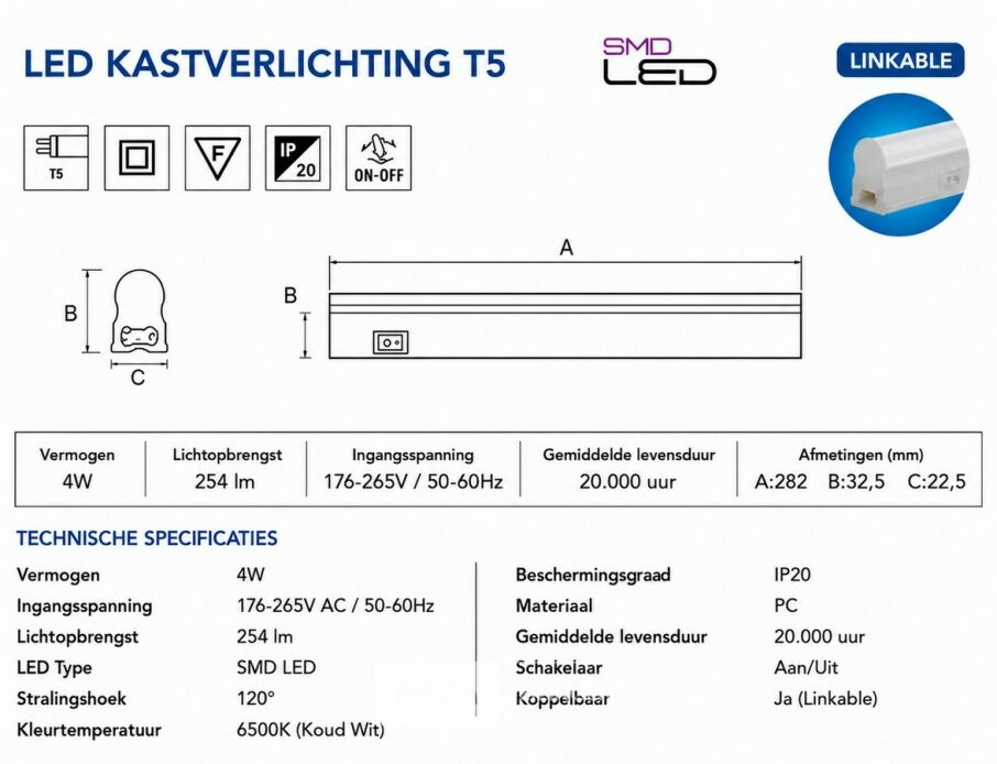 10 x LED Onderbouw Lamp 4W – 6400K Koud Wit - Wit – 30cm – IP20 – SIGMA-4 – foto 5 – kavel bij Belga Veilingen