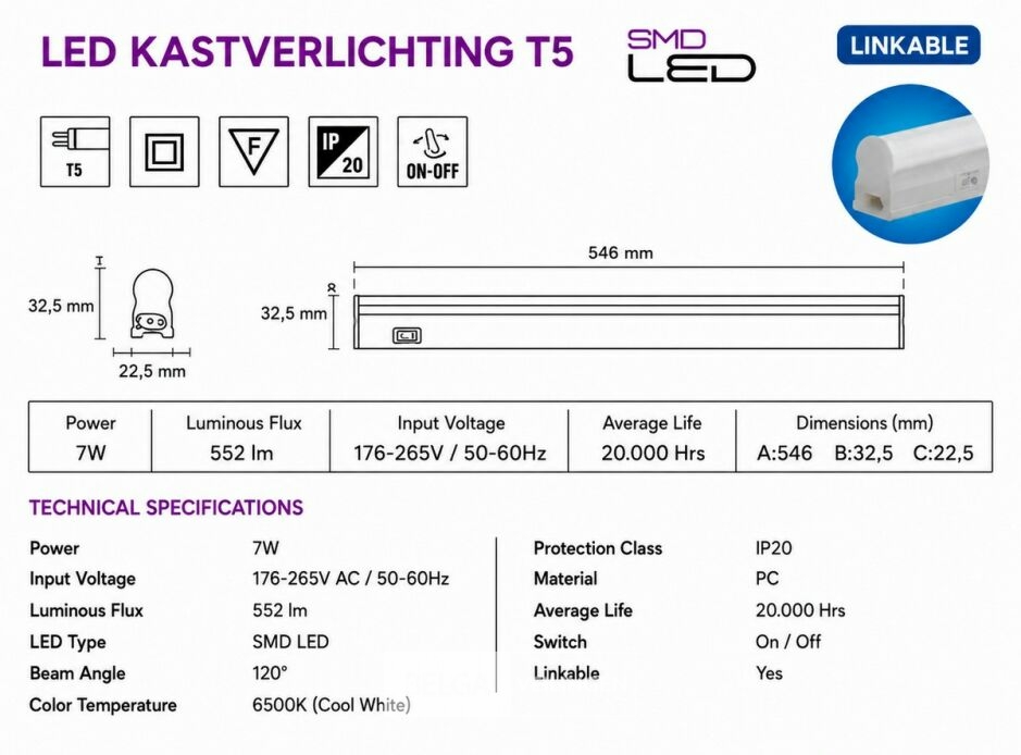 10 x LED Onderbouw Lamp 7W – 6400K Koud Wit - Wit – 60cm – IP20 – SIGMA-7 – foto 6 – kavel bij Belga Veilingen