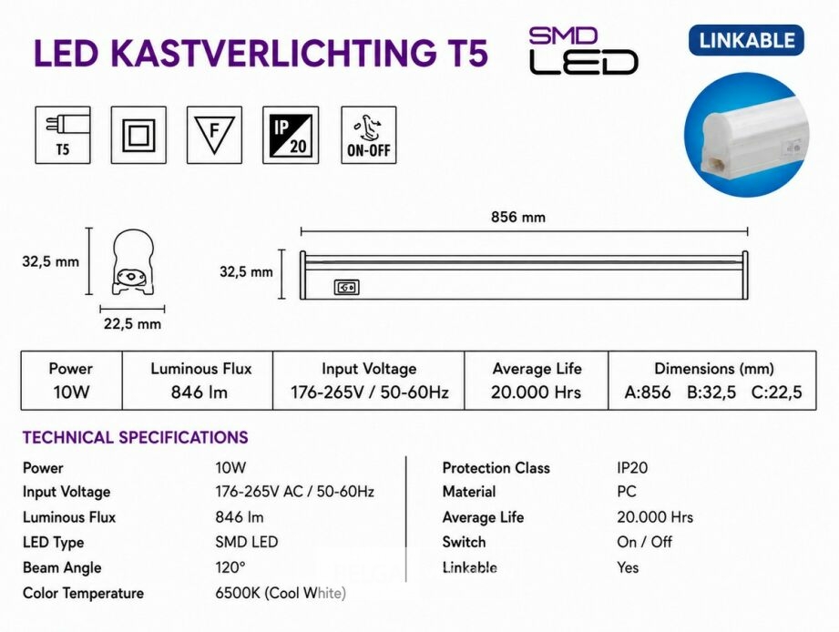 10 x LED Onderbouw Lamp 10W – 6400K Koud Wit - Wit – 90cm – IP20 – SIGMA-10 – foto 5 – kavel bij Belga Veilingen