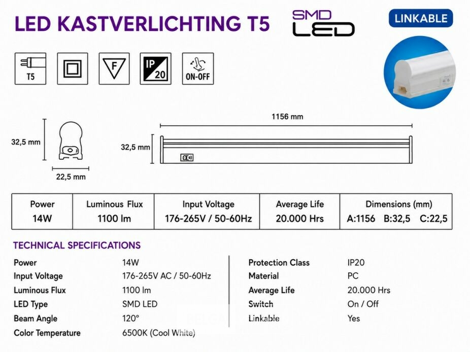 10 x LED Onderbouw Lamp 14W – 6400K Koud Wit - Wit – 120cm – IP20 – SIGMA-14 – foto 5 – kavel bij Belga Veilingen