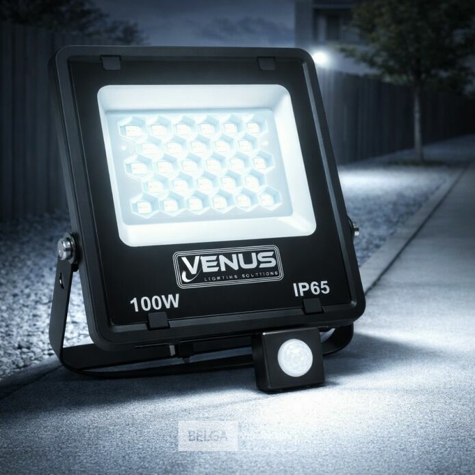 10 x LED Schijnwerper 100W met Bewegingssensor – 6500K Koud Wit – IP65 – FLAG-100 – foto 2 – kavel bij Belga Veilingen