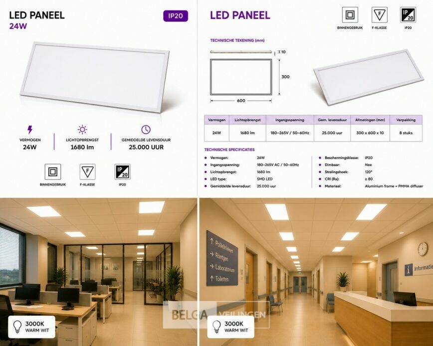 16 x LED Paneel 24W – 3000K Warm Wit - 595x295mm – IP20 – ZODIAC-24 – foto 7 – kavel bij Belga Veilingen