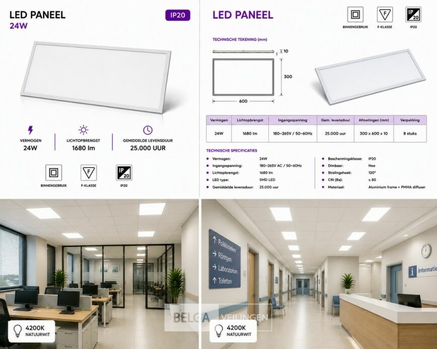 16 x LED Paneel 24W – 4200K Neutraal Wit - 595x295mm – IP20 – ZODIAC-24 – foto 6 – kavel bij Belga Veilingen