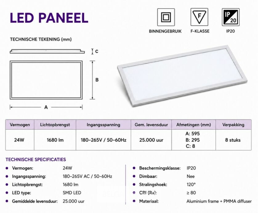 16 x LED Paneel 24W – 6400K Koud Wit - 595x295mm – IP20 – ZODIAC-24 – foto 5 – kavel bij Belga Veilingen