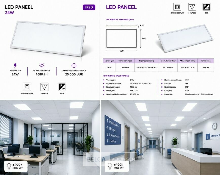 16 x LED Paneel 24W – 6400K Koud Wit - 595x295mm – IP20 – ZODIAC-24 – foto 6 – kavel bij Belga Veilingen