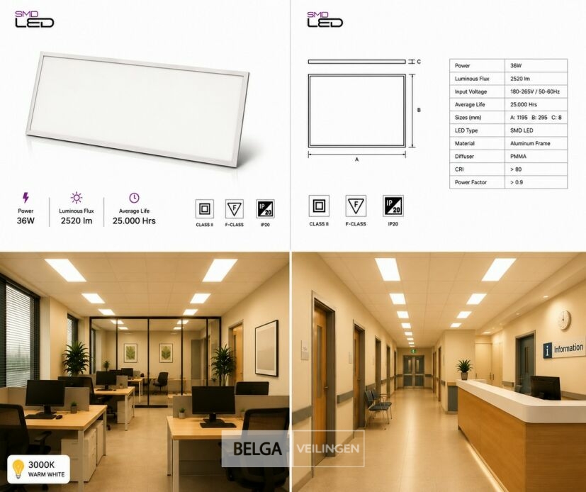 8 x LED Paneel 36W – 3000K Warm Wit - 1195x295mm – IP20 – ZODIAC-36 – foto 6 – kavel bij Belga Veilingen