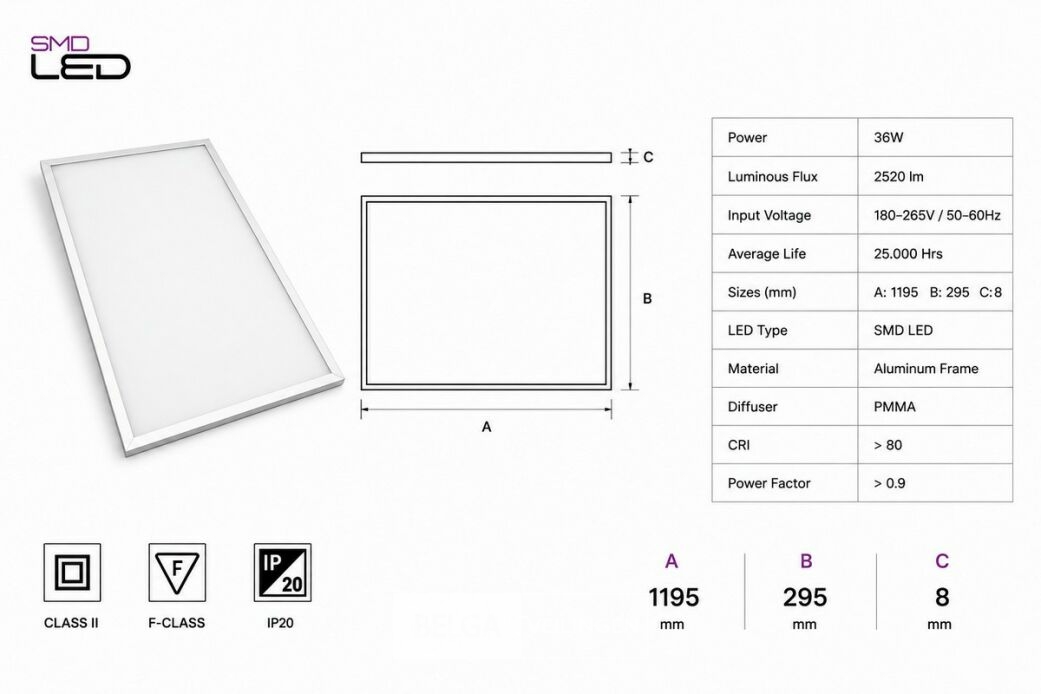 8 x LED Paneel 36W – 4200K Neutraal Wit - 1195x295mm – IP20 – ZODIAC-36 – foto 5 – kavel bij Belga Veilingen